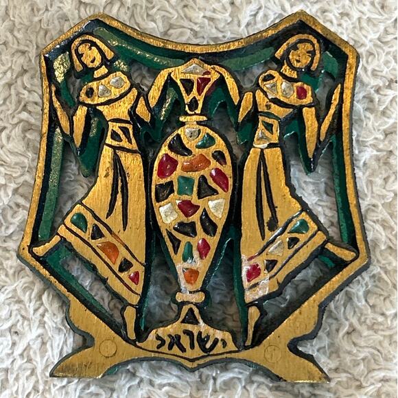 Vintage Enameled Brass Napkin Holder Egyptian Ladies with Pottery - Picture 1 of 9
